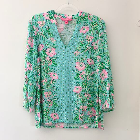 Lilly Pulitzer Luna Bay Tunic Top Shirt Green pink Medium - Picture 1 of 4